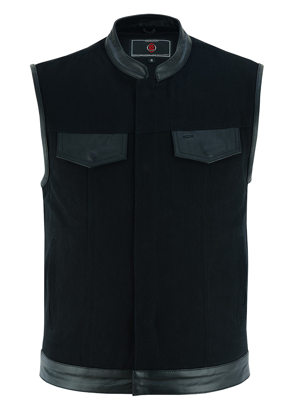 KN109 Men's Black Denim Single Panel Concealment Vest W/Leather Trim- W/O Collar