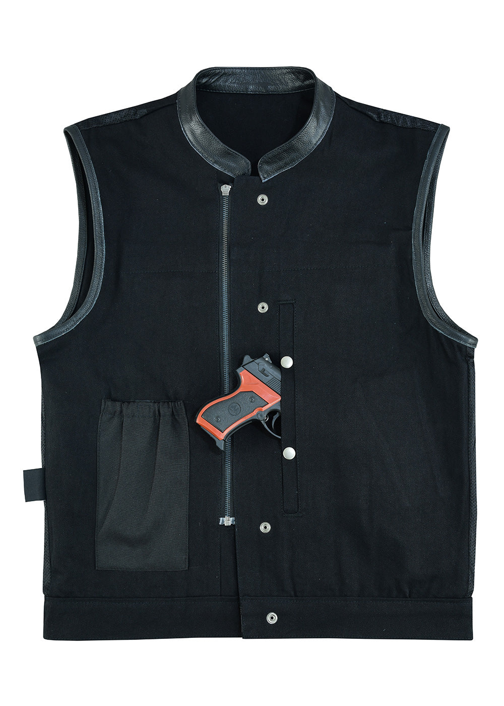 KN109 Men's Black Denim Single Panel Concealment Vest W/Leather Trim- W/O Collar